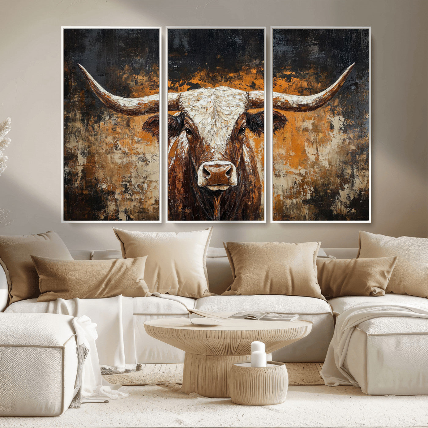 25265572-MGV-CV-36X24-Rustic Longhorn Bull Wall Art Canvas Print – Vintage Western Cattle Scene, Texas Steer Artwork for Home, Office