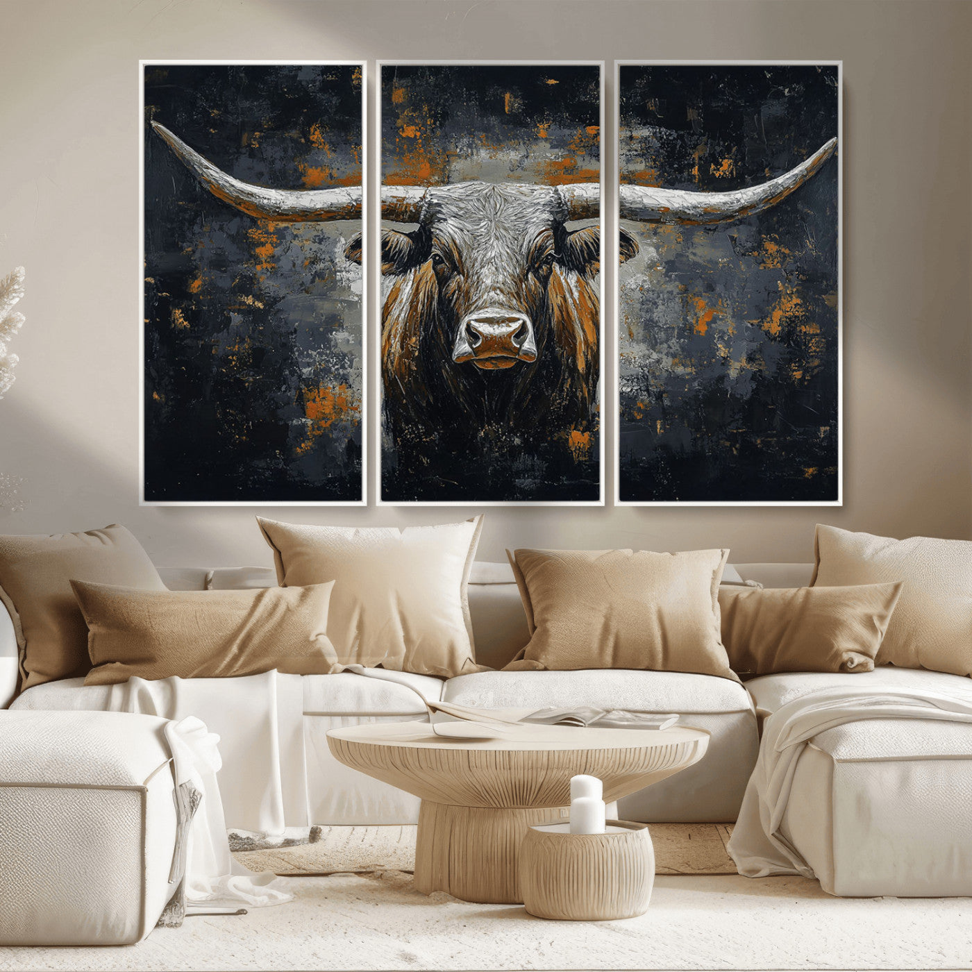 93195031-MGV-CV-36X24-Rustic Longhorn Bull Wall Art Canvas Print – Vintage Western Cattle Scene, Texas Steer Artwork for Home, Office