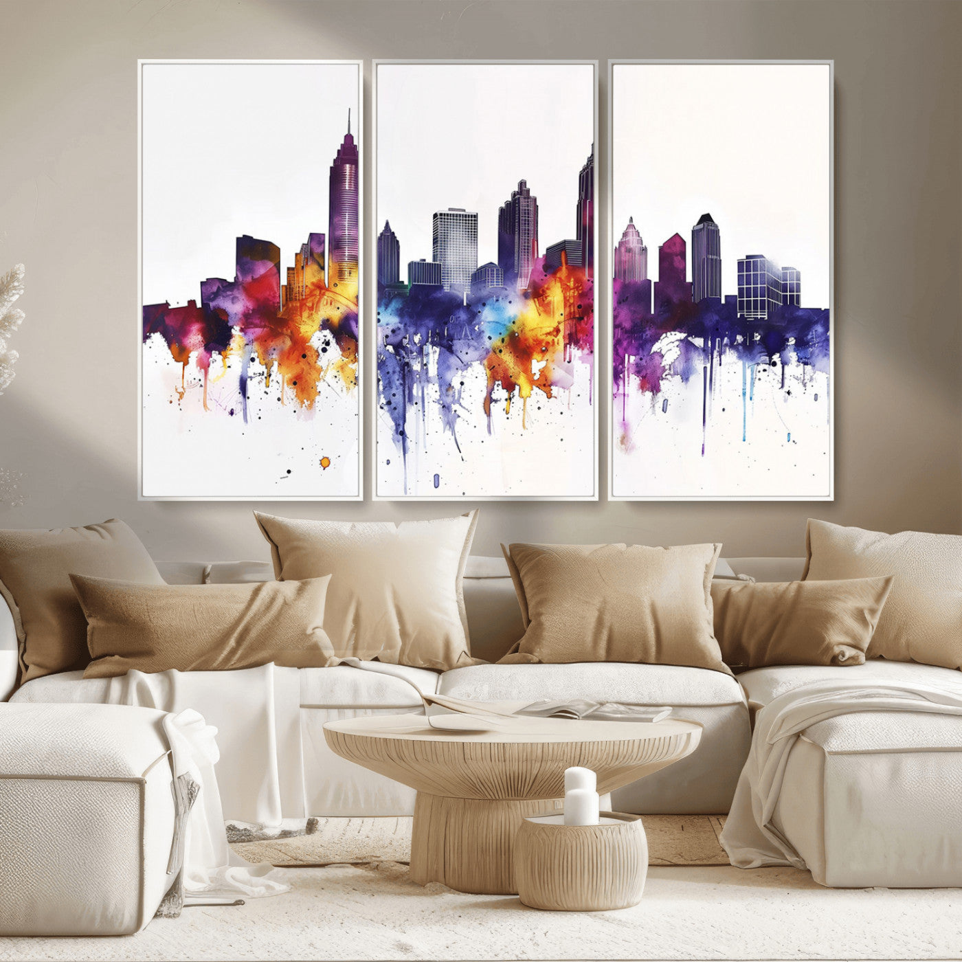 34479880-MGV-CV-36X24-Atlanta Skyline Wall Art Canvas Print – Framed Colorful Watercolor Cityscape Artwork for Home, Office, Living Room