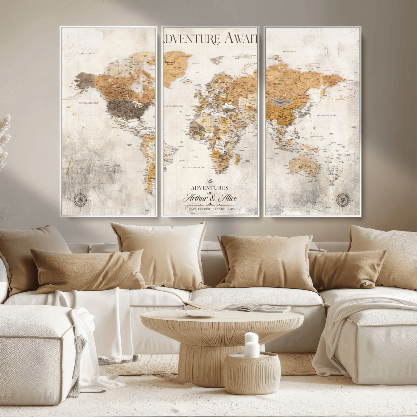 Rehber01-MGV-CV-36X24-Personalized World Map Canvas Print – Custom Push Pin Travel Map Vintage Neutral Style Gift for Couples Travelers for Home Office