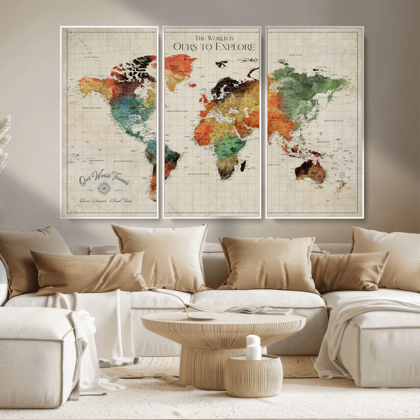 Rehber01-MGV-CV-36X24-Custom Push Pin World Map Wall Art Canvas Print – Personalized Travel Tracker Map Framed Artwork for Home Office