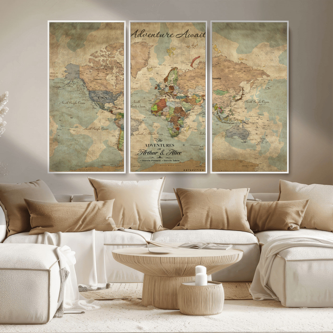 Rehber01-MGV-CV-36X24-Personalized Vintage World Map Canvas Print – Custom Push Pin Travel Map Antique Style Gift for Couples Travelers for Home Office