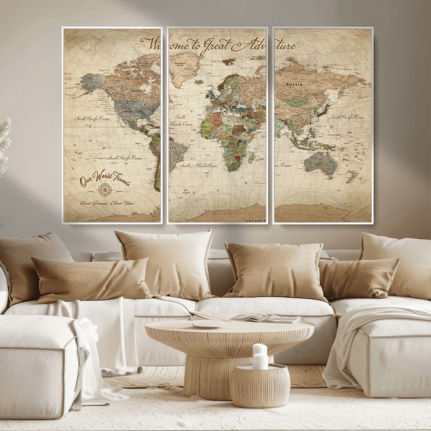 -Personalized Antique World Map Canvas Print – Custom Push Pin Travel Tracker Vintage Adventure Gift for Couples for Home, Office