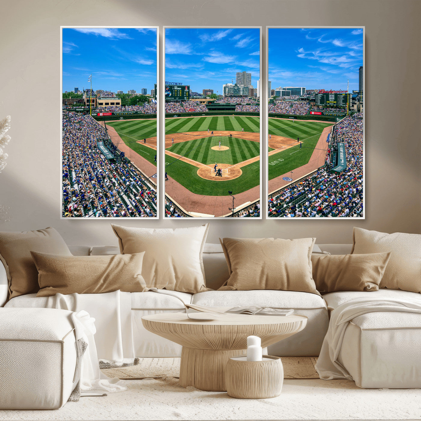35800083-MGV-FC-48X32-3P - Wrigley Field Baseball Stadium Canvas Wall Art – Packed Crowd Sports Stadium City Skyline Artwork for Home Office