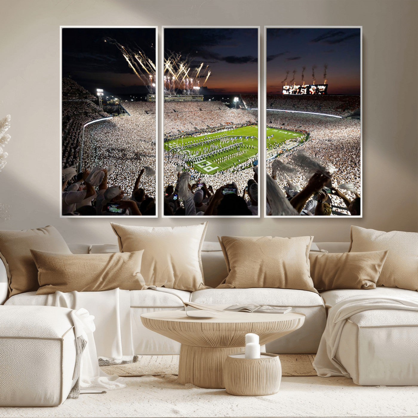 11221988-MGV-FC-48X32-3P - Epic Night Football Stadium Wall Art Canvas Print, Fireworks and Crowd Energy Game Day Excitement Decor for Home, Office