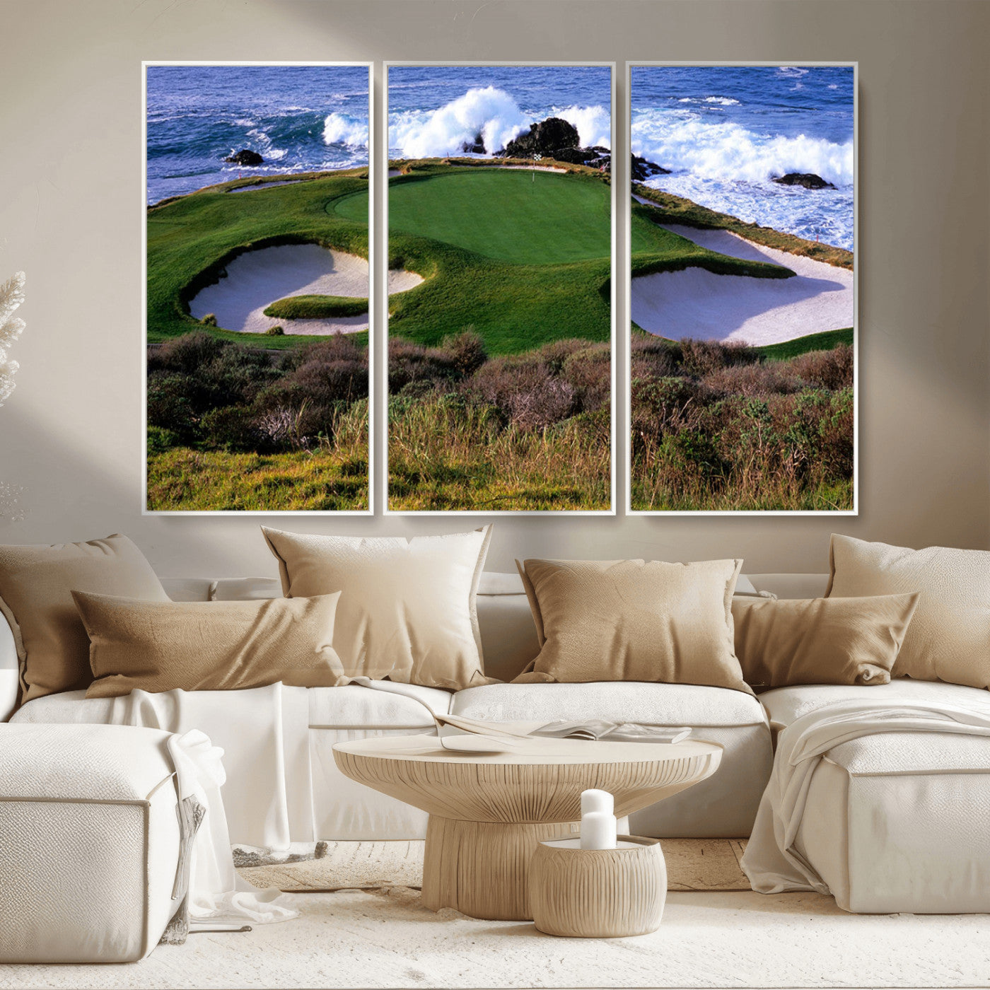 22776914-MGV-CV-36X24-Ocean Cliff Golf Green Canvas Print – Framed Majestic Coastal Scene with Lush Green Artwork for Home, Office