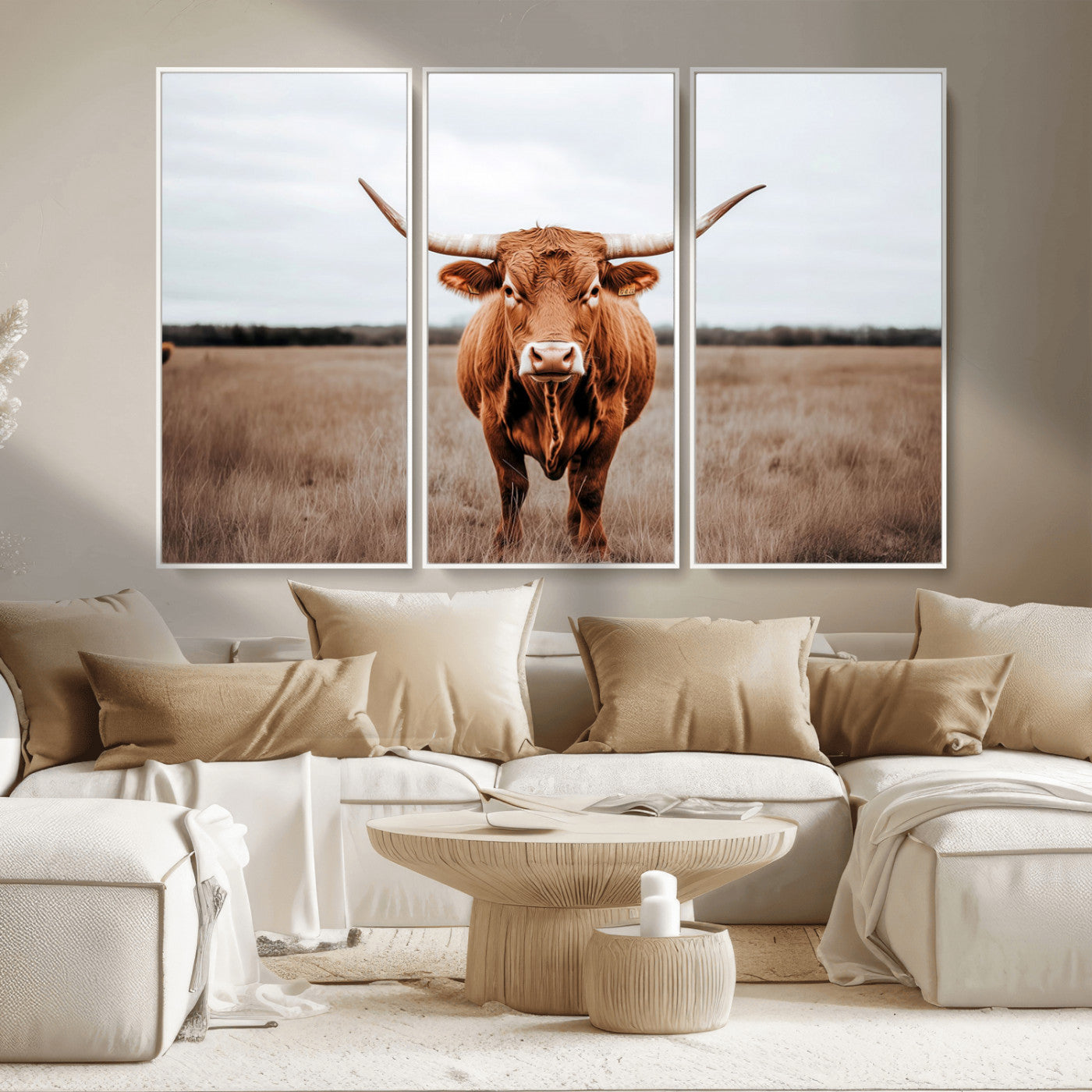 16316734-MGV-FC-48X32-3P - Longhorn bull, open field, rustic charm, natural beauty, Wall Art Canvas Print, countryside,
