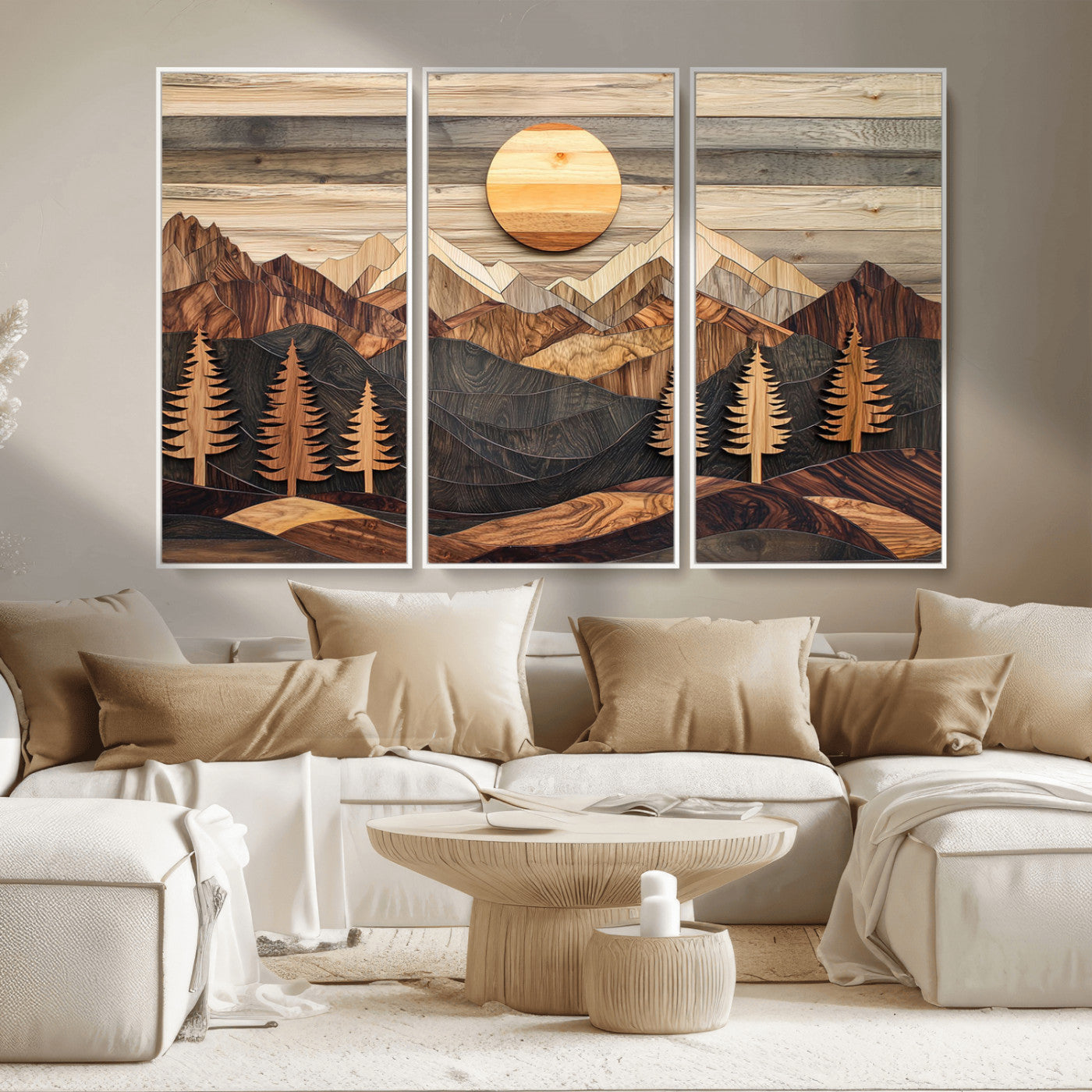 19832326-MGV-FC-48X32-3P - Wooden Mountain Landscape Layered Texture Geometric Shapes Sun Pine Trees Rustic Natural Tones Art