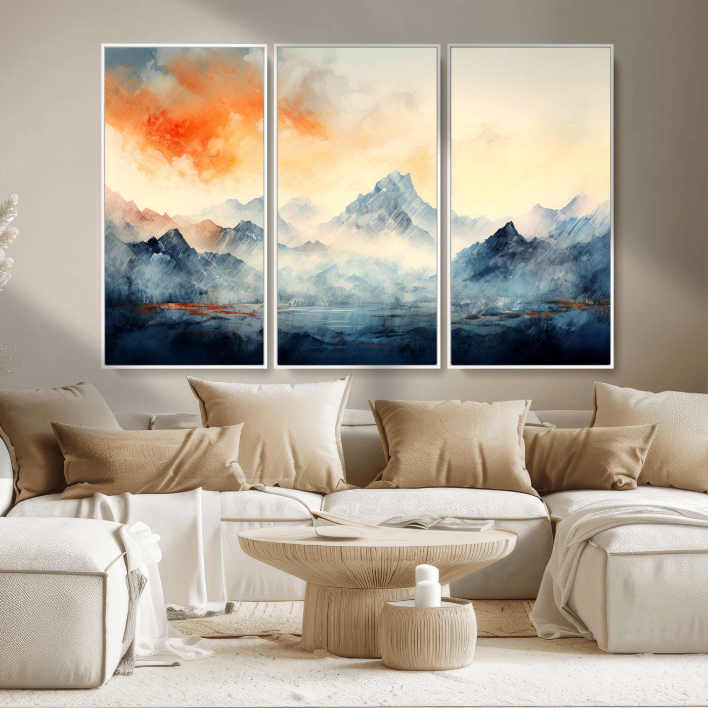 WRM1005-MGV-FC-48X32-3P - Warm Clouds Abstract Mountain Wall Art, Modern Landscape Canvas Print, Minimal Framed Artwork for Home, Office