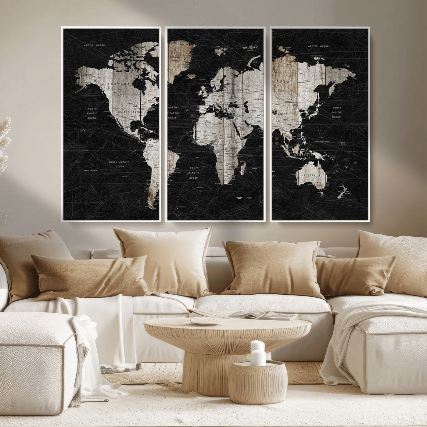 89998-MGV-FC-48X32-3P_White-Rustic Black and Wood World Map Canvas Wall Art – Framed Push Pin Travel Map for Home and Office Decor, Modern Vintage Wall Artwork