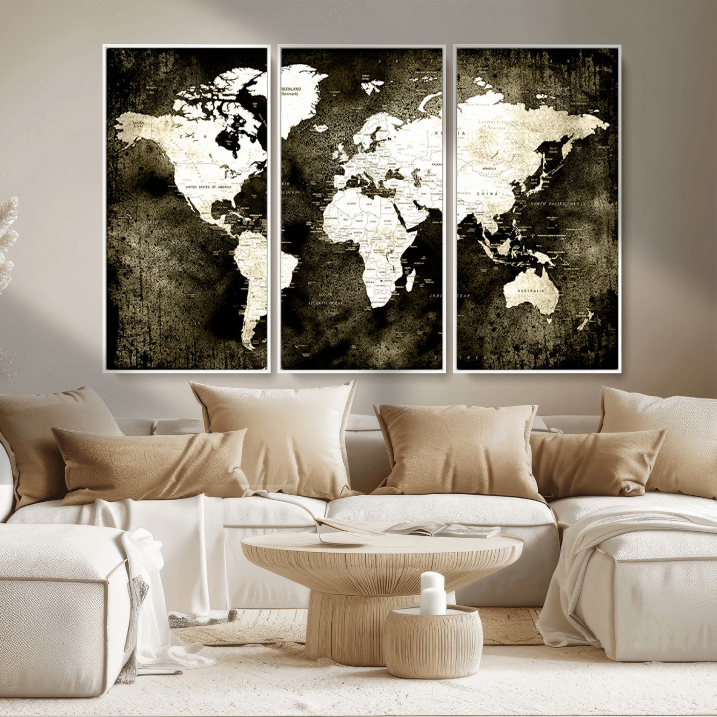66737-MGV-CV-36X24-Vintage World Map Canvas Wall Art – Framed Push Pin Travel Map for Home and Office Decor, Rustic Wall Artwork for Travelers