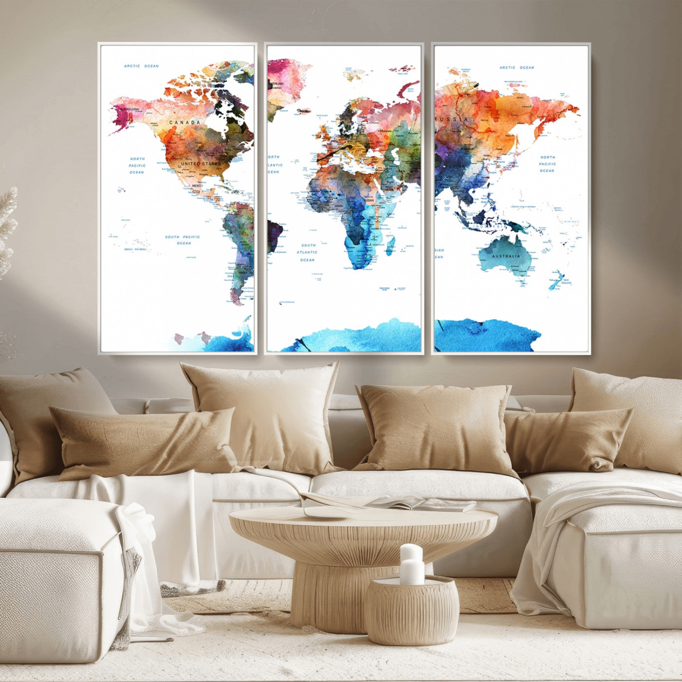 11576-MGV-CV-36X24-Vibrant Watercolor World Map Canvas Wall Art – Framed Push Pin Travel Map for Home and Office Decor, Modern Colorful Wall Artwork