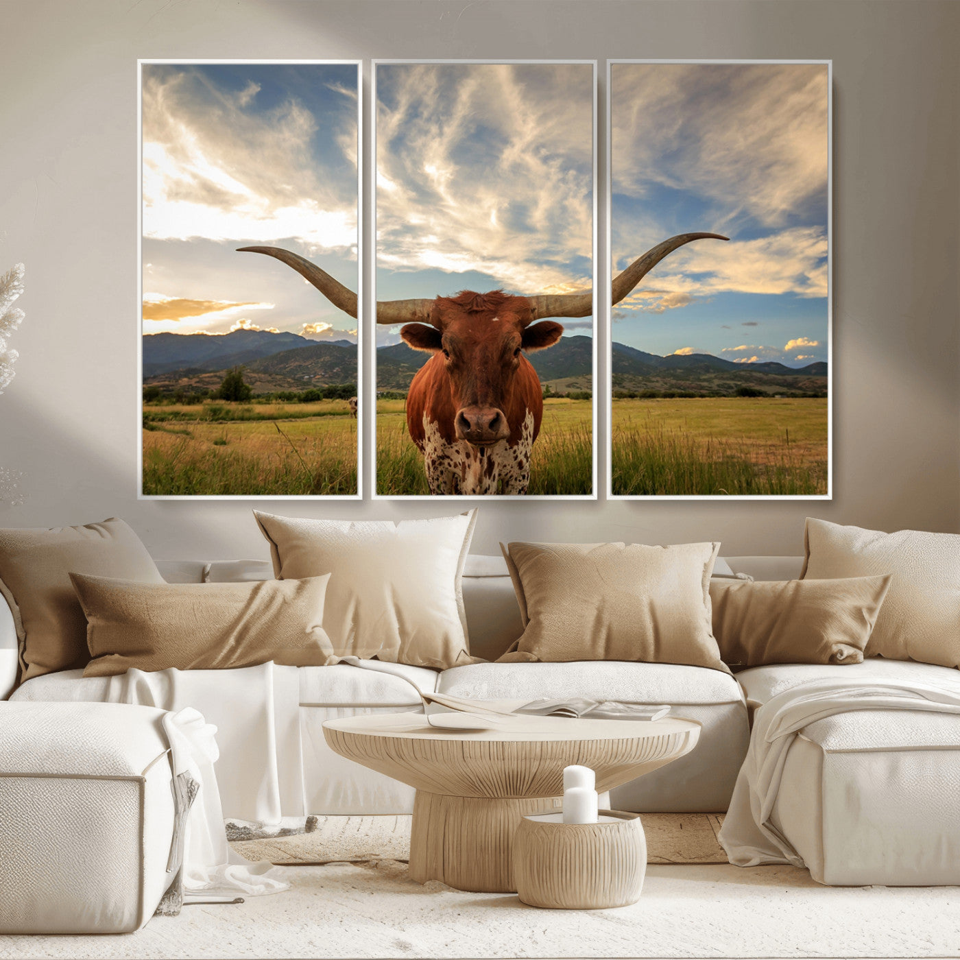 55416-MGV-CV-36X24-Texas Longhorn Canvas Wall Art – Majestic Triptych Animal Print – Rustic Western Decor for Living