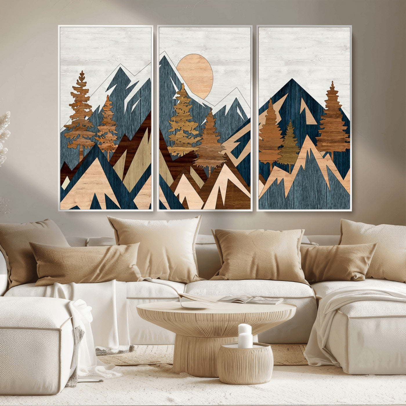 91467-MGV-CV-36X24-Abstract Wood Panel Effect Mountain Range Top Wall Art Canvas Print