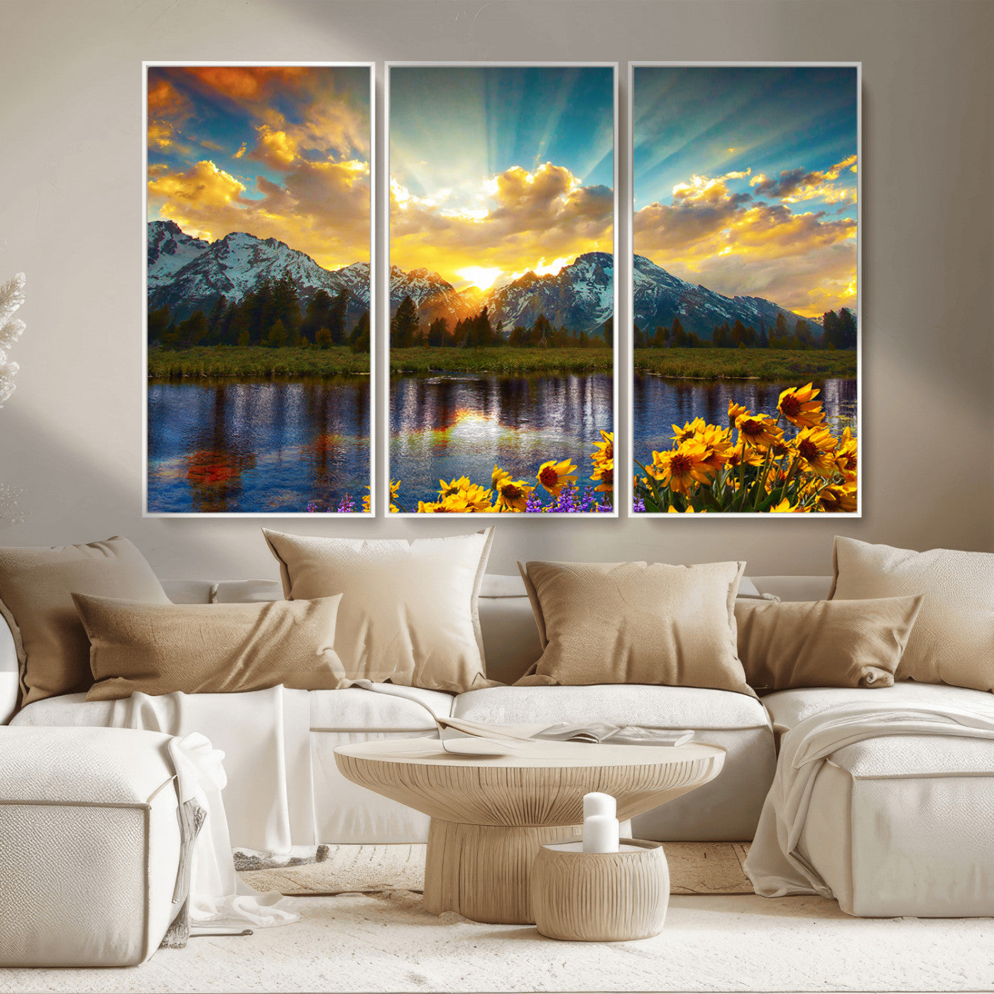 42292-MGV-CV-36X24-Mountain Sunrise Wall Art – Vibrant Landscape Canvas Print with Wildflowers and River Reflection, Nature Scenery Decor for Living Room or Bedroom