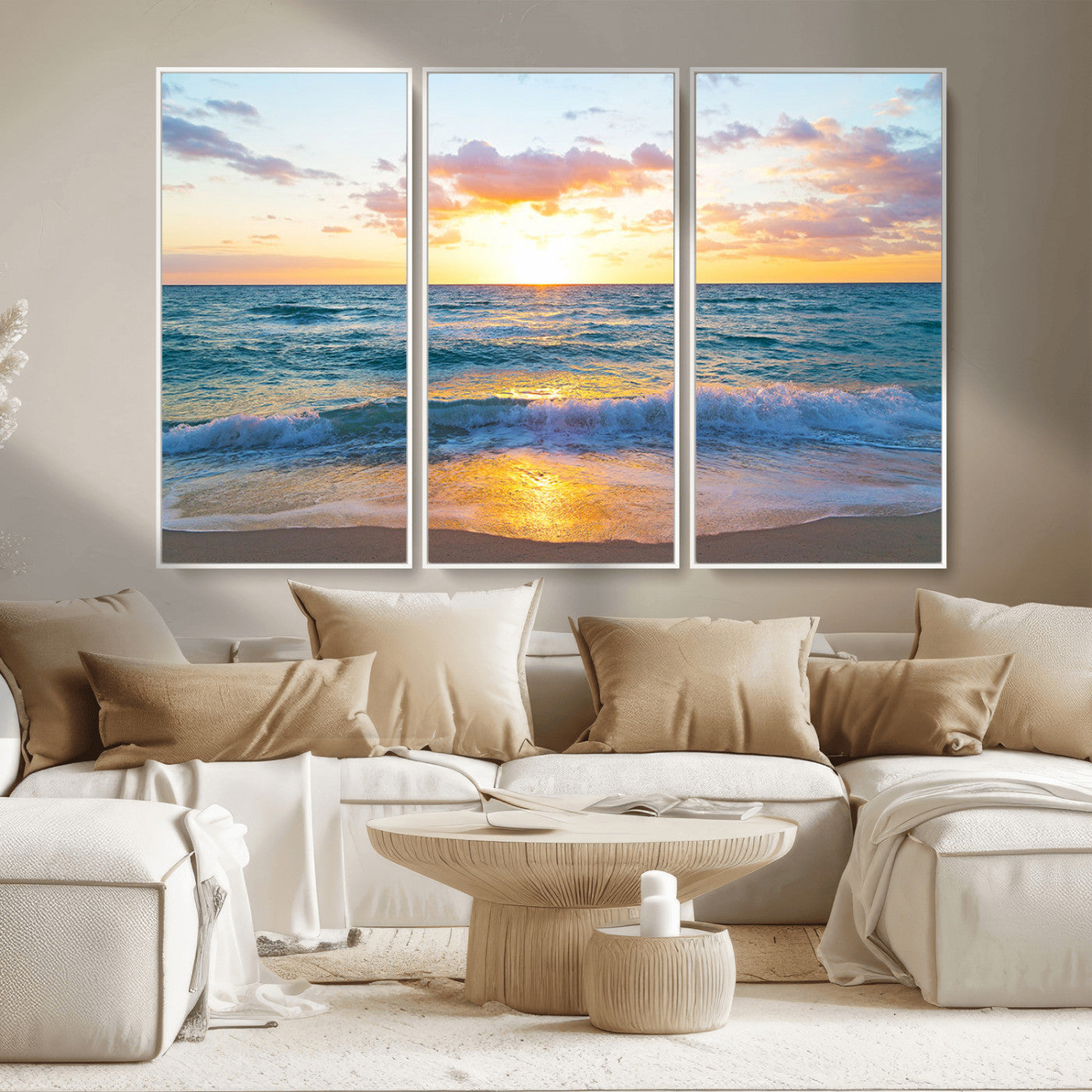 63383-MGV-FC-48X32-3P_White-Golden Sunset Over Ocean Waves - Serene Coastal Triptych Wall Art for Relaxing Home Decor, Ready to