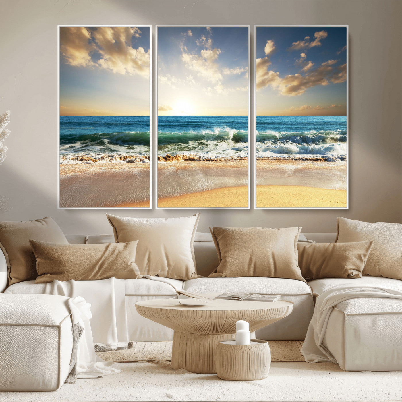 83376-MGV-CV-36X24-Golden Sunset Beach Triptych Canvas Wall Art for Living Room – 3-Panel Ocean View, Framed & Ready to