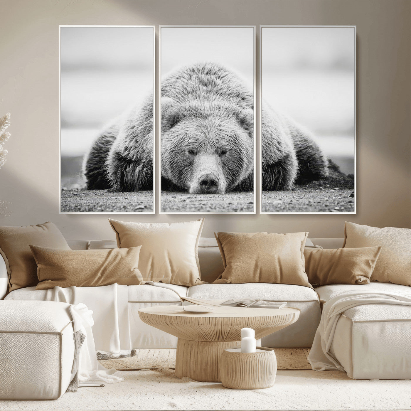 -Resting Grizzly Bear Wall Art Canvas Print – Majestic Lazy Black and White Wildlife Bear Art,