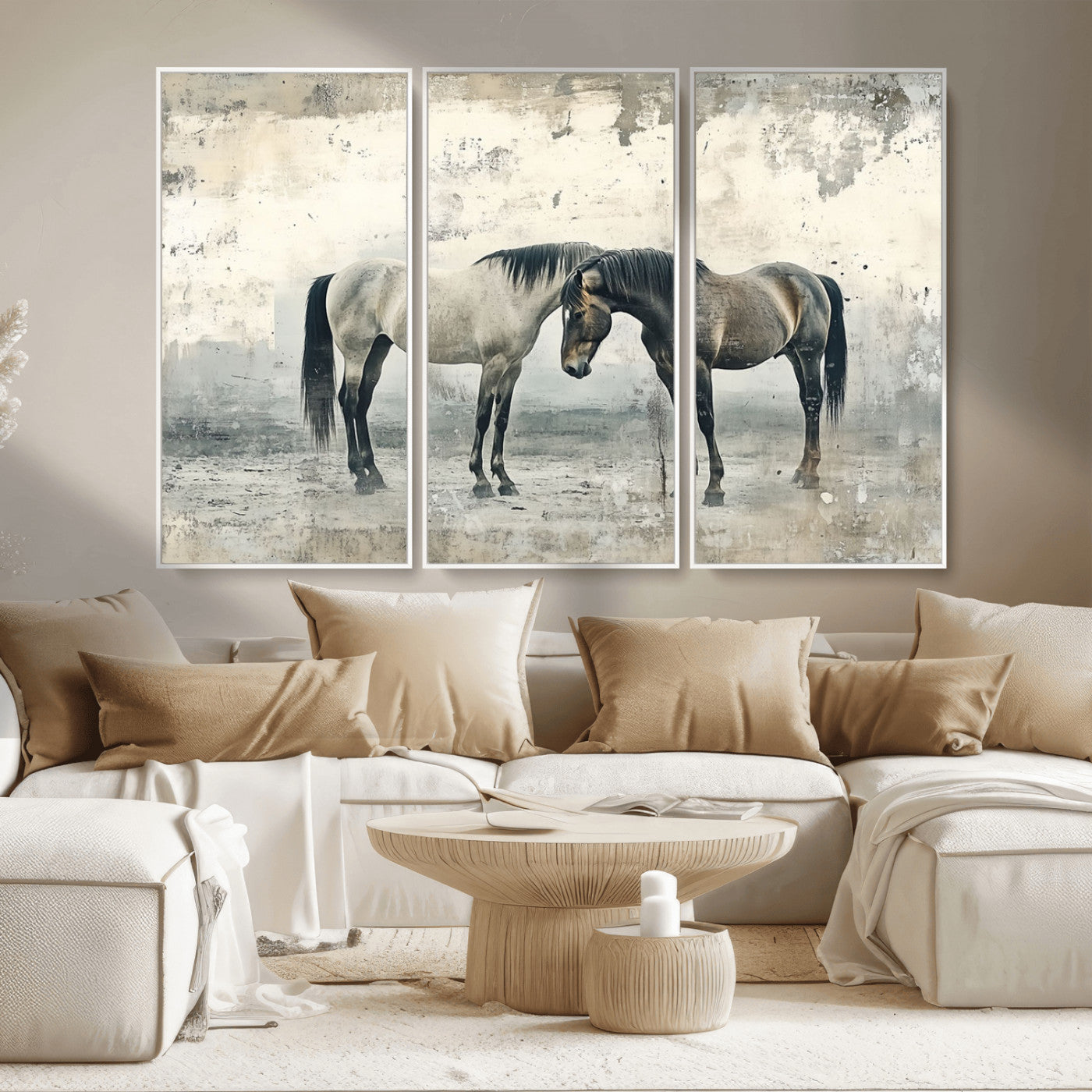 -Chines Style Majestic Horses Wall Art | Ready to Hang and Framed Triptych Print | Western Farmhouse