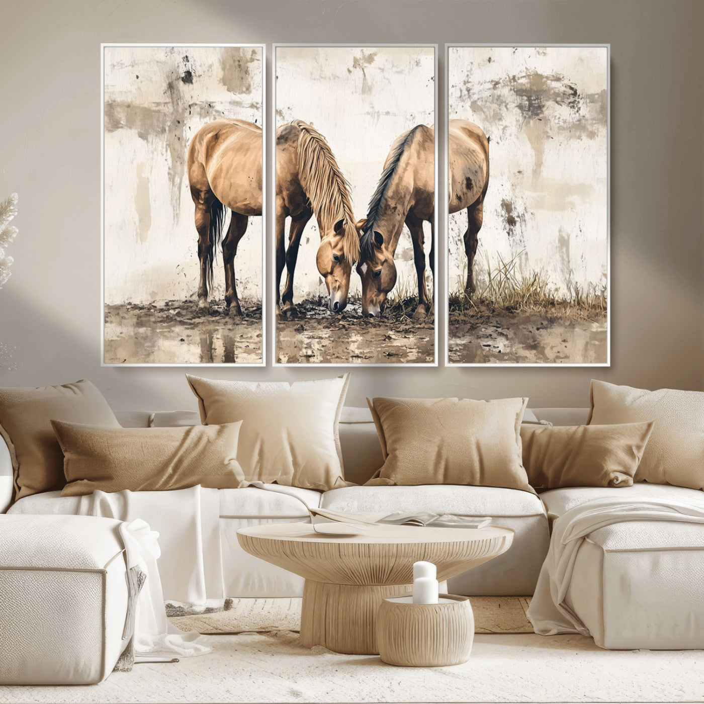 -Vintage Horses Wall Art | Ready to Hang and Framed Triptych | Western Farmhouse Wall Decor for