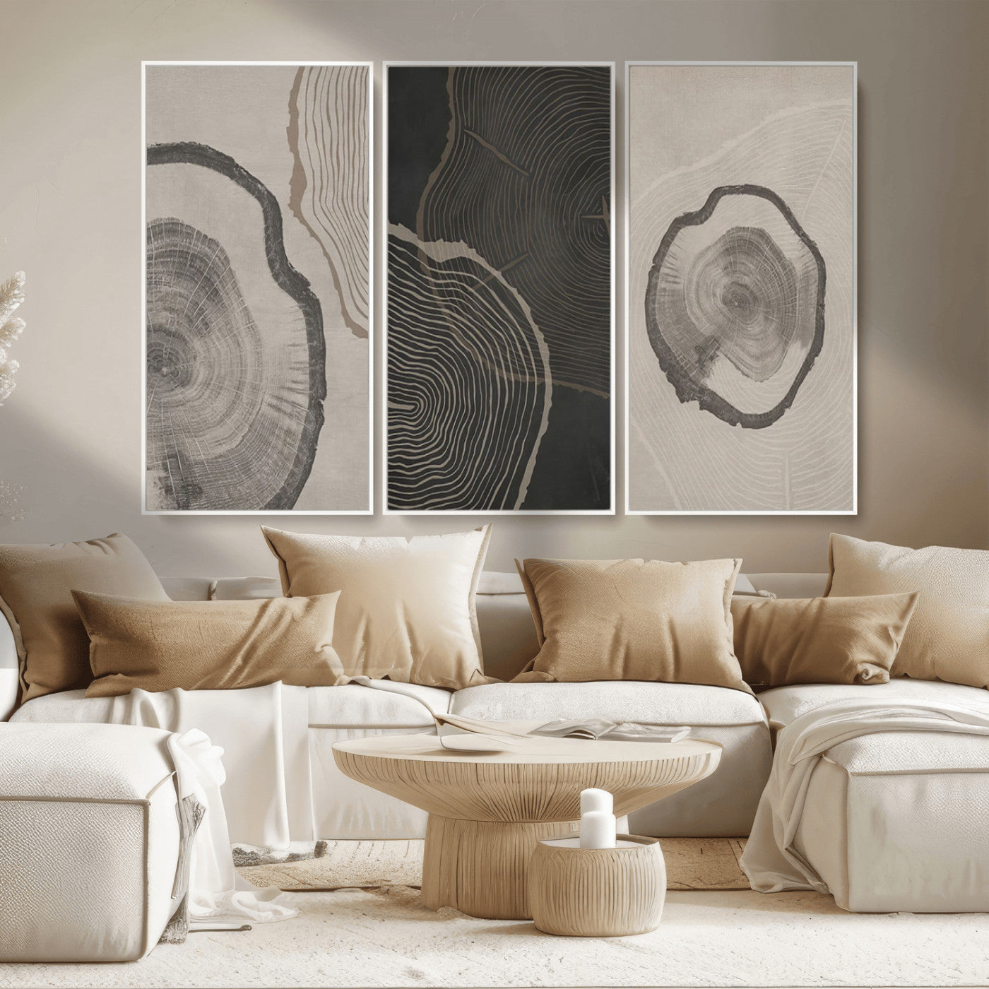 25407-MGV-FC-48X32-3P_White-Modern Abstract Tree Ring Canvas Art Set | 3 Panel Large Tree Ring Design for Living Room, Office,