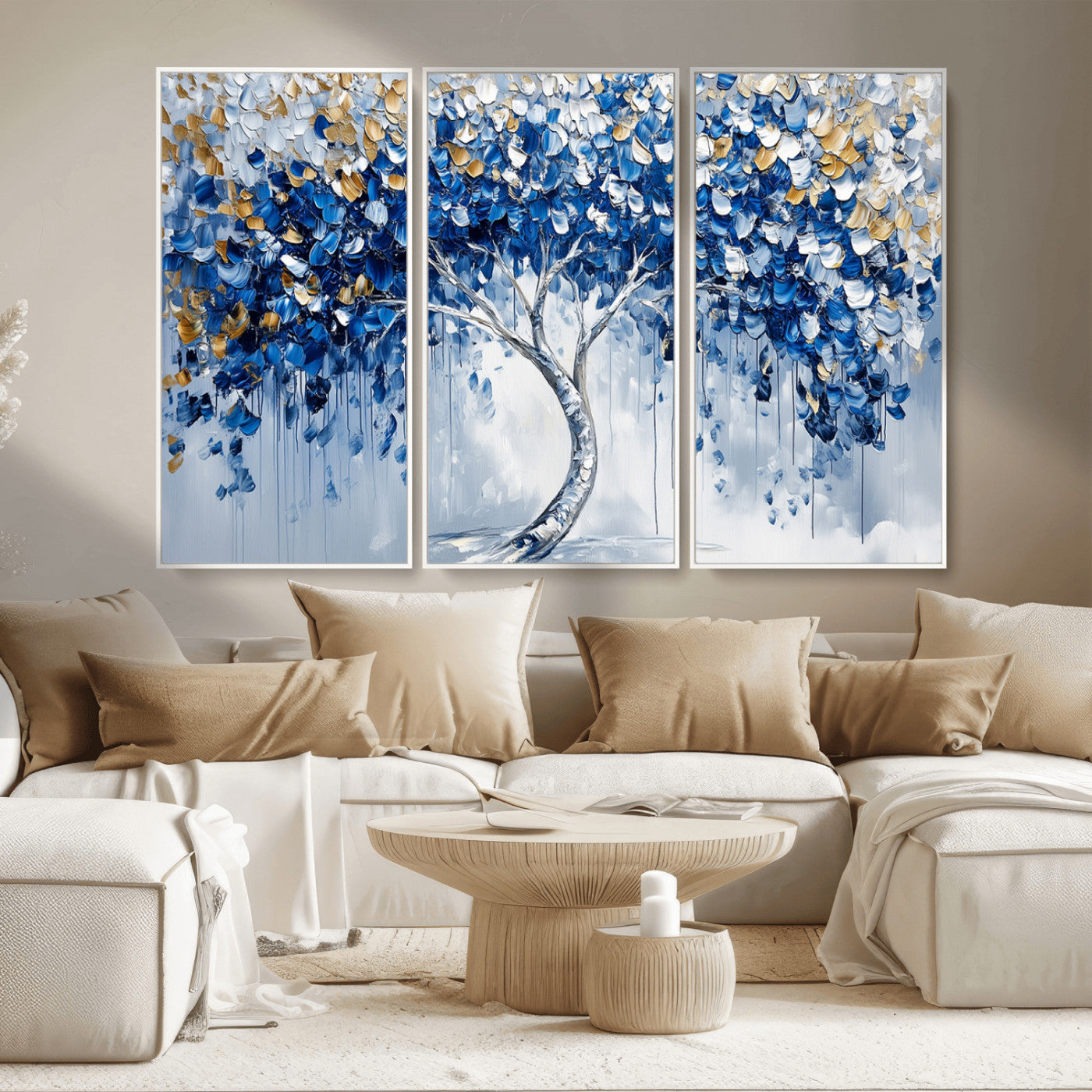 62350-MGV-FC-48X32-3P_White-Blue and Gold Abstract Tree Wall Art Canvas Print | Modern Tree of Life Painting | Framed Canvas