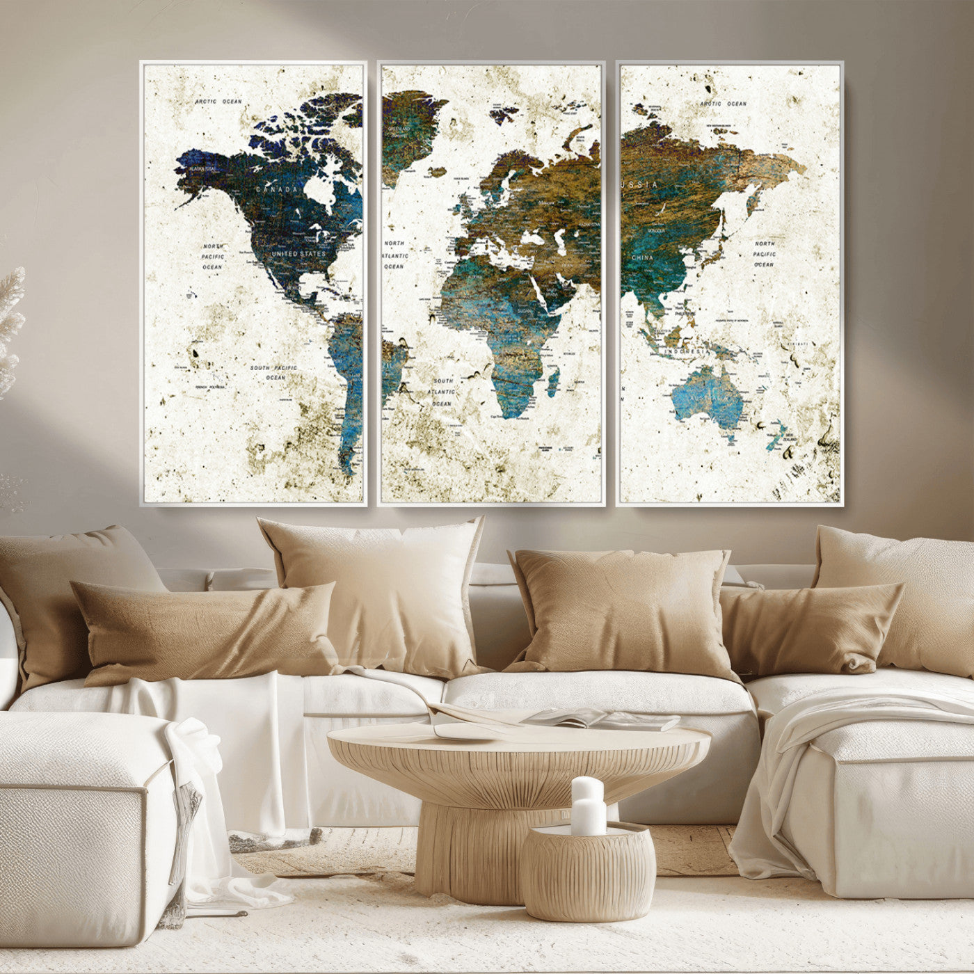 89176-MGV-CV-36X24-Vintage Blue and Brown World Map Canvas Wall Art – Framed Rustic Map Print, Earth Tone Travel Decor for Stylish Home and Office Walls