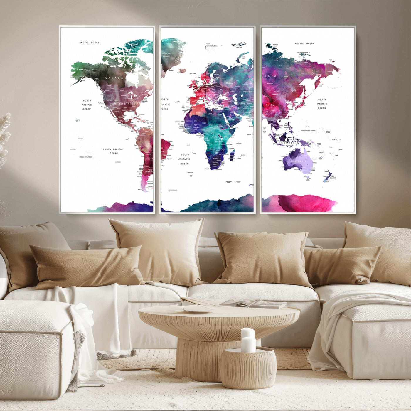 78176-MGV-CV-36X24-Colorful Watercolor World Map Canvas Wall Art – Framed Modern Map Print, Vibrant Travel Inspired Artwork for Home and Office Decor