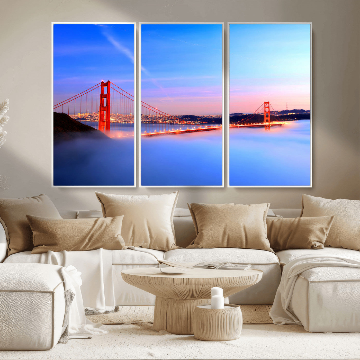 MGV-FC-48X32-3P - Golden Gate Bridge Wall Art Print, San Francisco Sunset Canvas Wall Art, Cityscape Canvas Print for