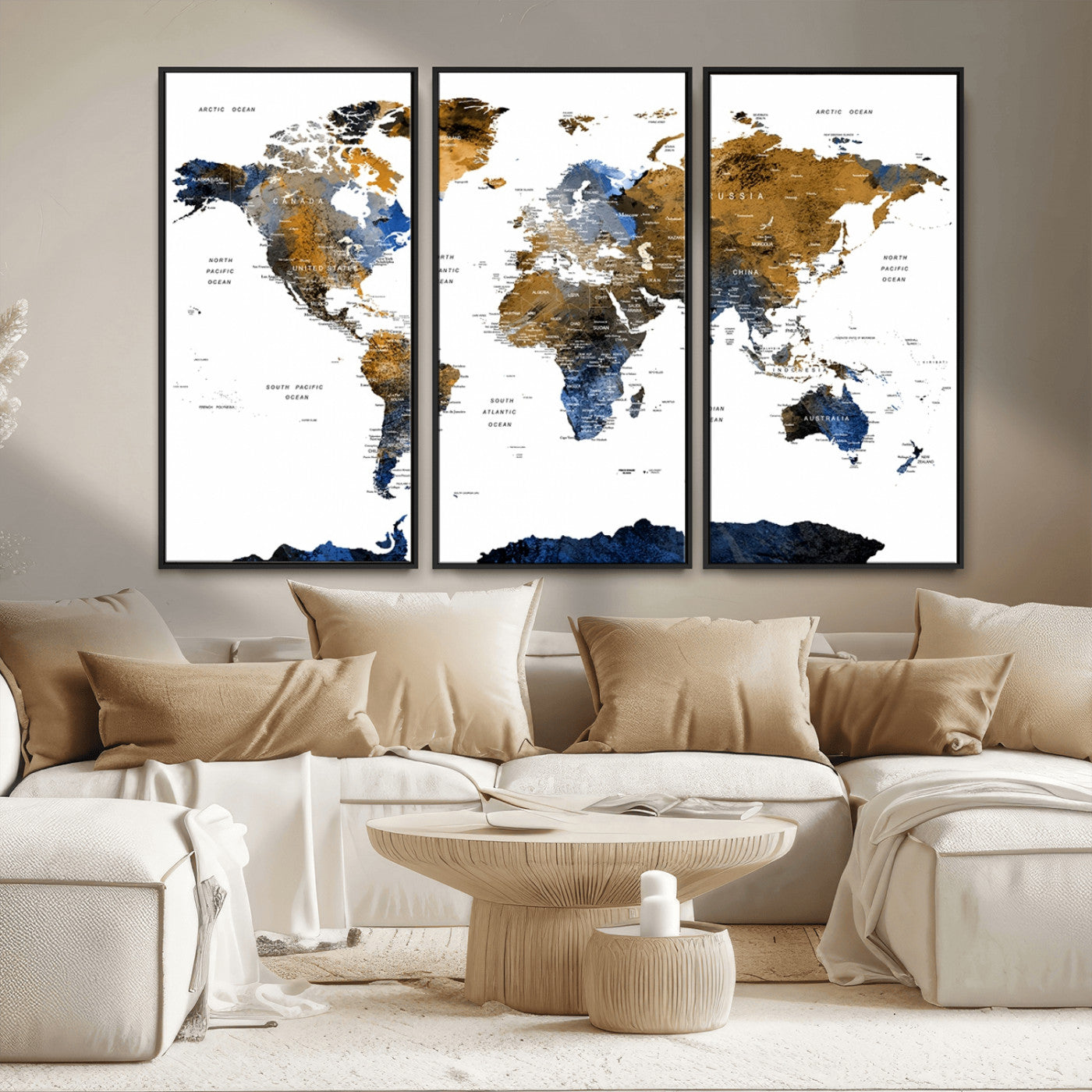 56231-MGV-FC-48X32-3P_Black-Navy and Gold World Map Canvas Wall Art – Framed Modern World Map Print, Elegant Travel Inspired Artwork for Home and Office Decor