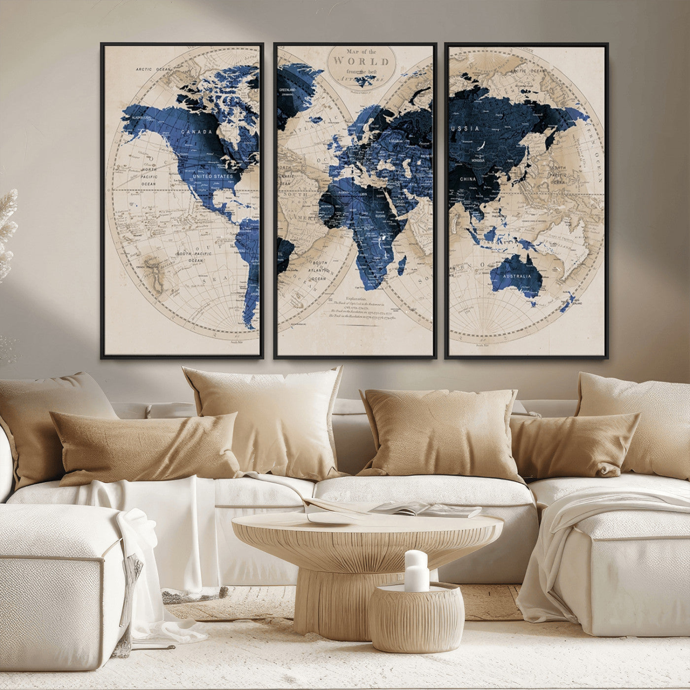-Vintage Blue World Map Canvas Wall Art – Antique Style Framed Map Print, Elegant Travel Decor for Home Office or Study