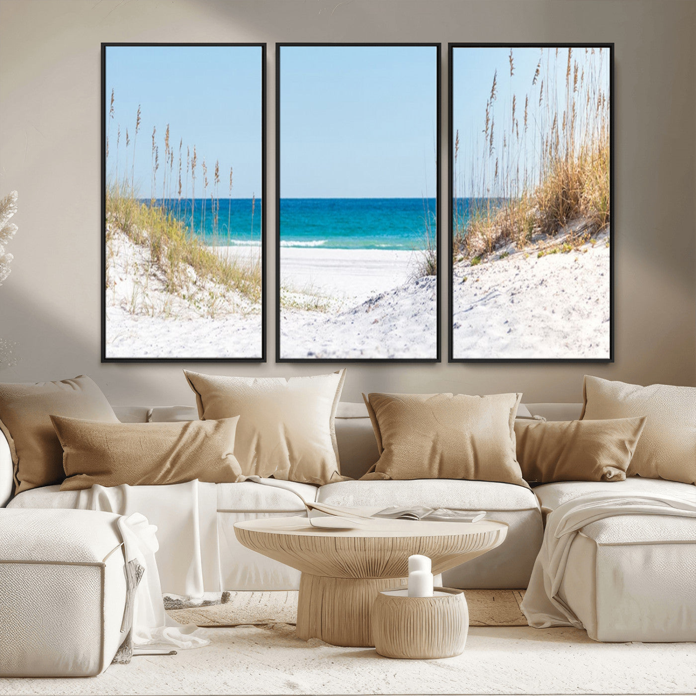 58498-MGV-FC-48X32-3P_Black-Serene Coastal Dune Path with Ocean View, 3-Panel Beach Canvas Wall Art, Tranquil Seascape Giclee