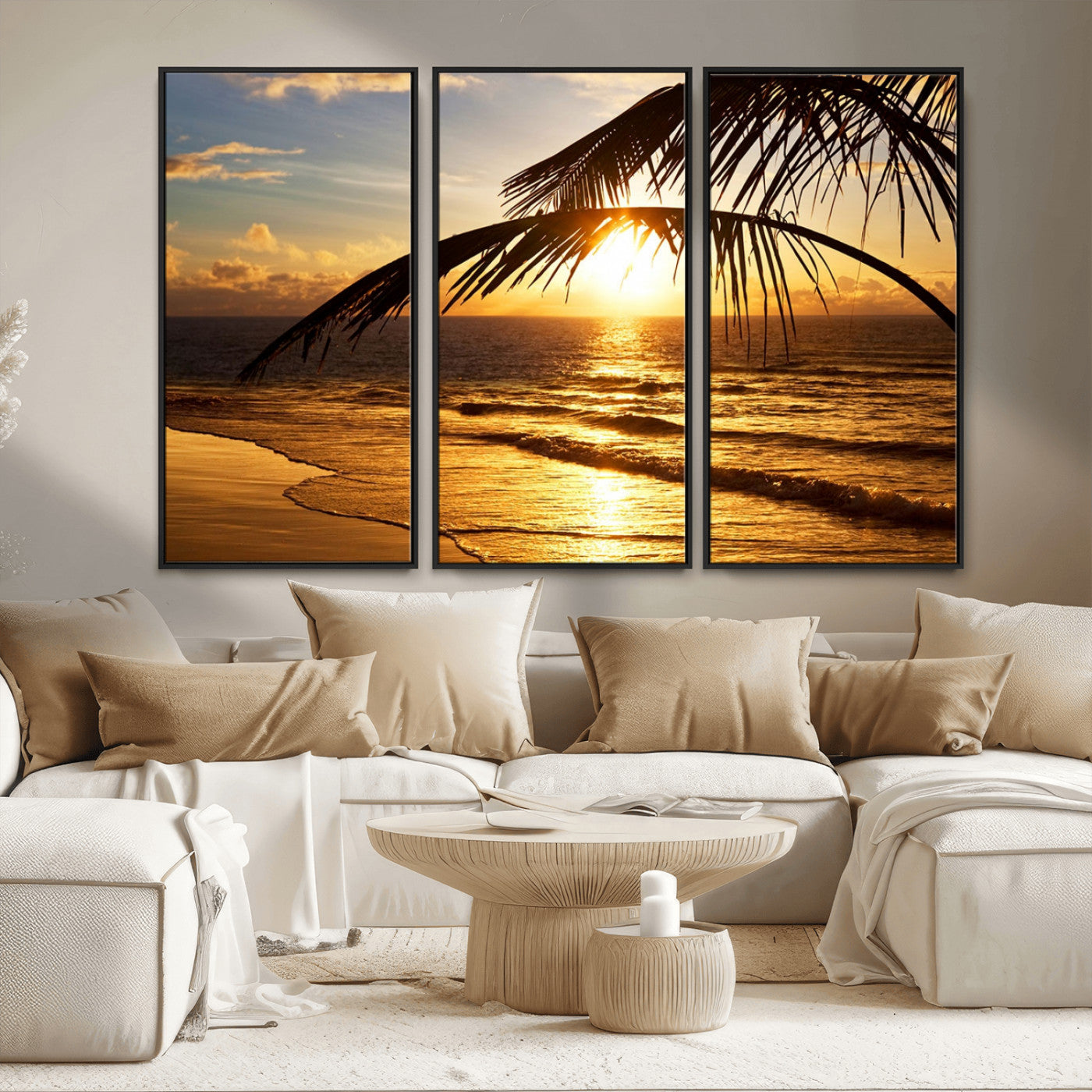 -Golden Tropical Beach Sunset Canvas Triptych, Coastal Palm Tree Wall Art, Ocean Shoreline Giclee