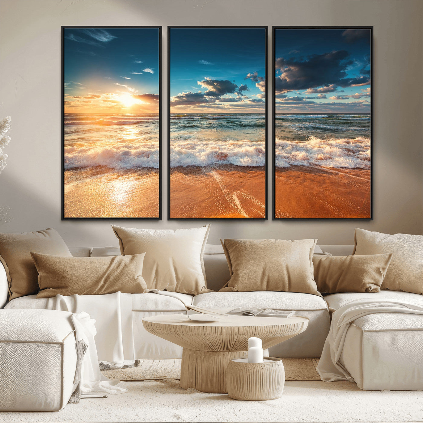 35648-MGV-FC-48X32-3P_Black-Golden Sunset Beach Triptych Canvas Art, Giclee Coastal Wall Decor, Ocean Waves Print, Modern Beach