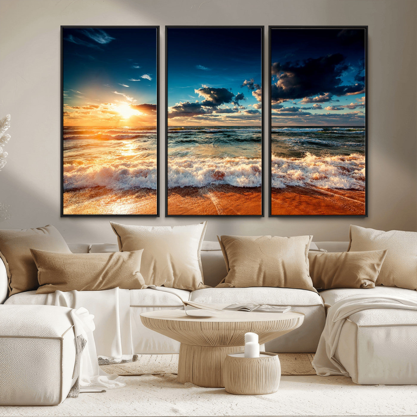 26996-MGV-FC-48X32-3P_Black-Golden Hour Sunset Over Ocean Waves Wall Art Canvas Print | 3 Panel Coastal Landscape Canvas Wall