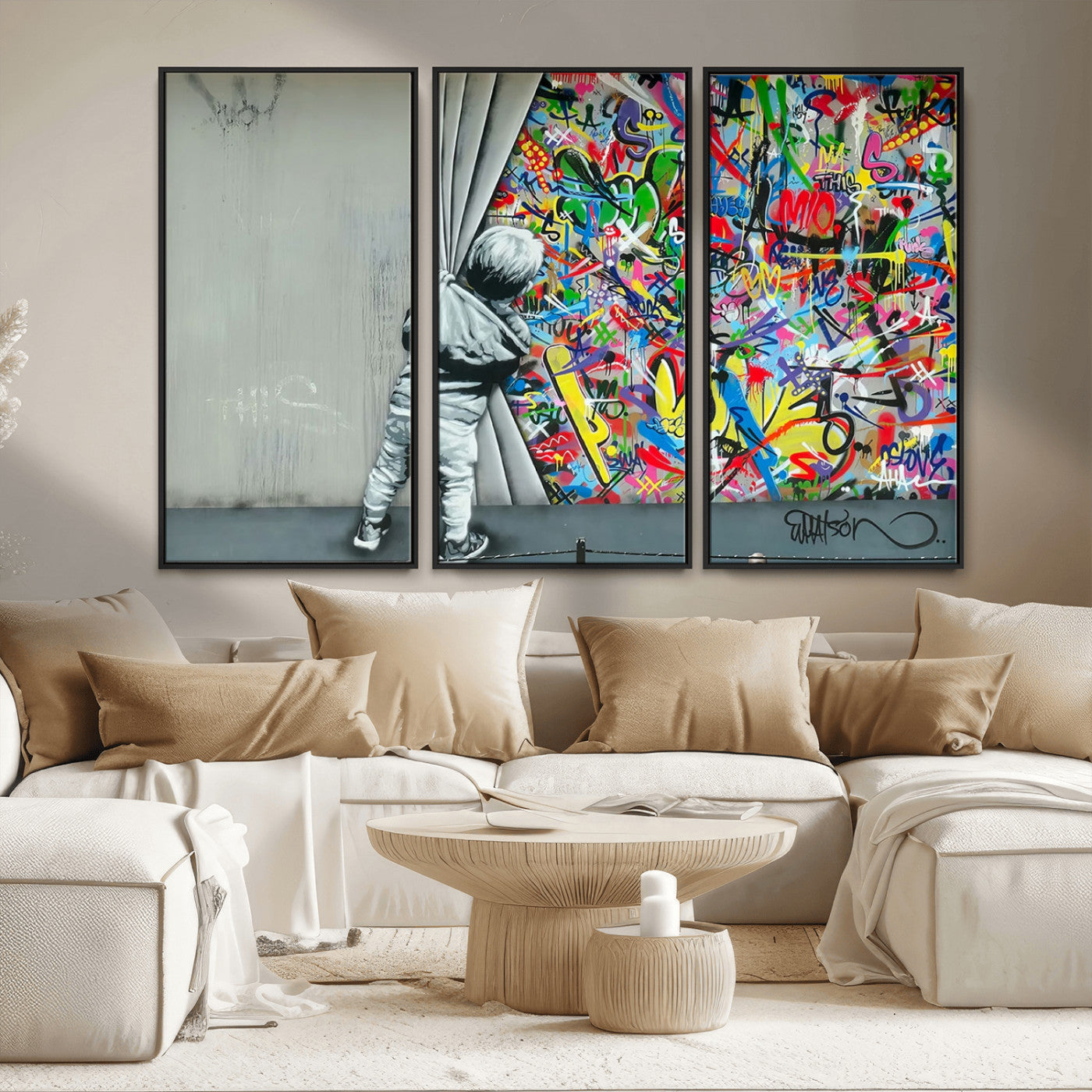 51713-MGV-CV-36X24-Banksy Colorful Street Graffiti Canvas Wall Art Print, Modern Art Triptych, Child and Graffiti Wall,