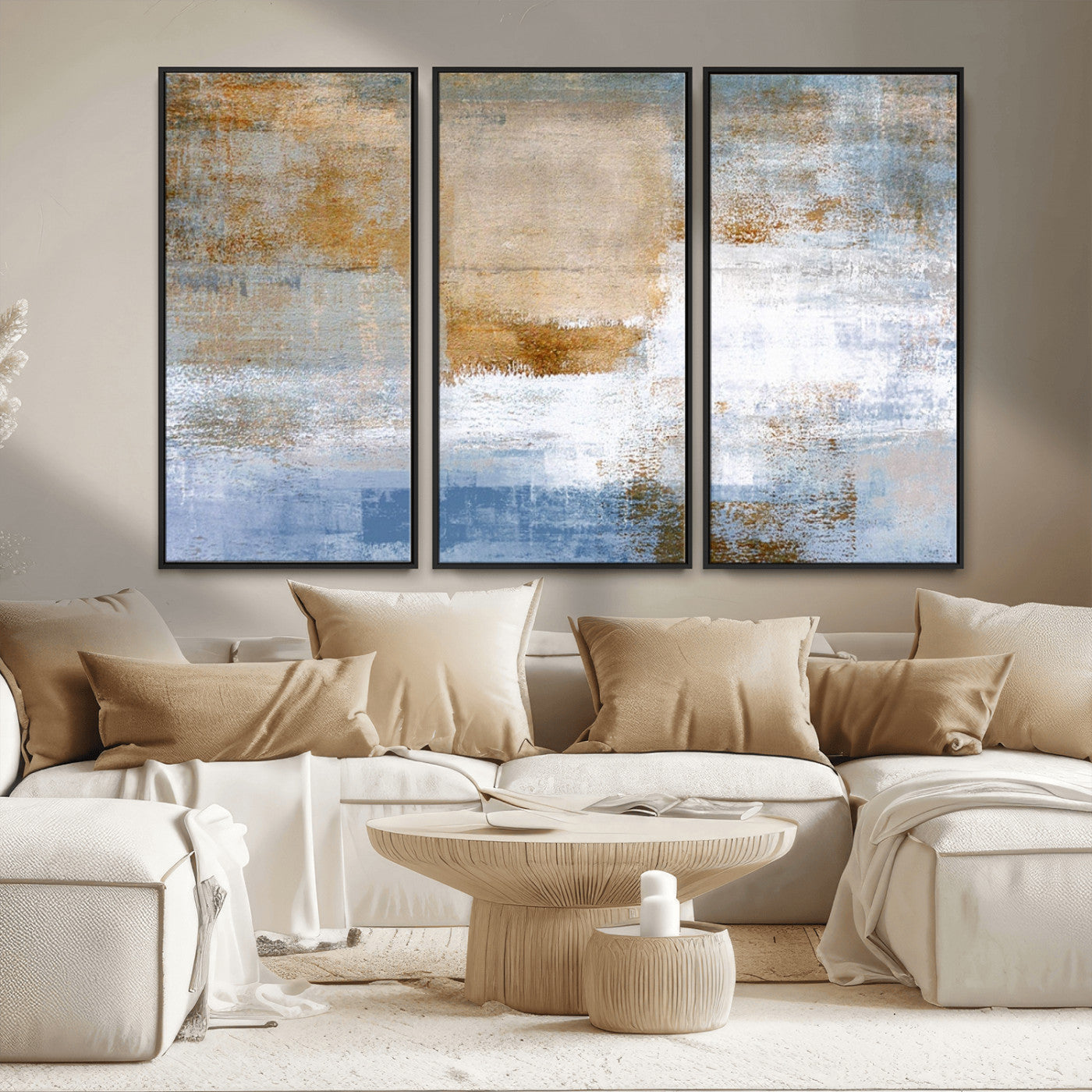 72354-MGV-FC-48X32-3P_Black-Blue Multi Panel Abstract Wall Art Canvas, Abstract Blue and Gold Canvas Print
