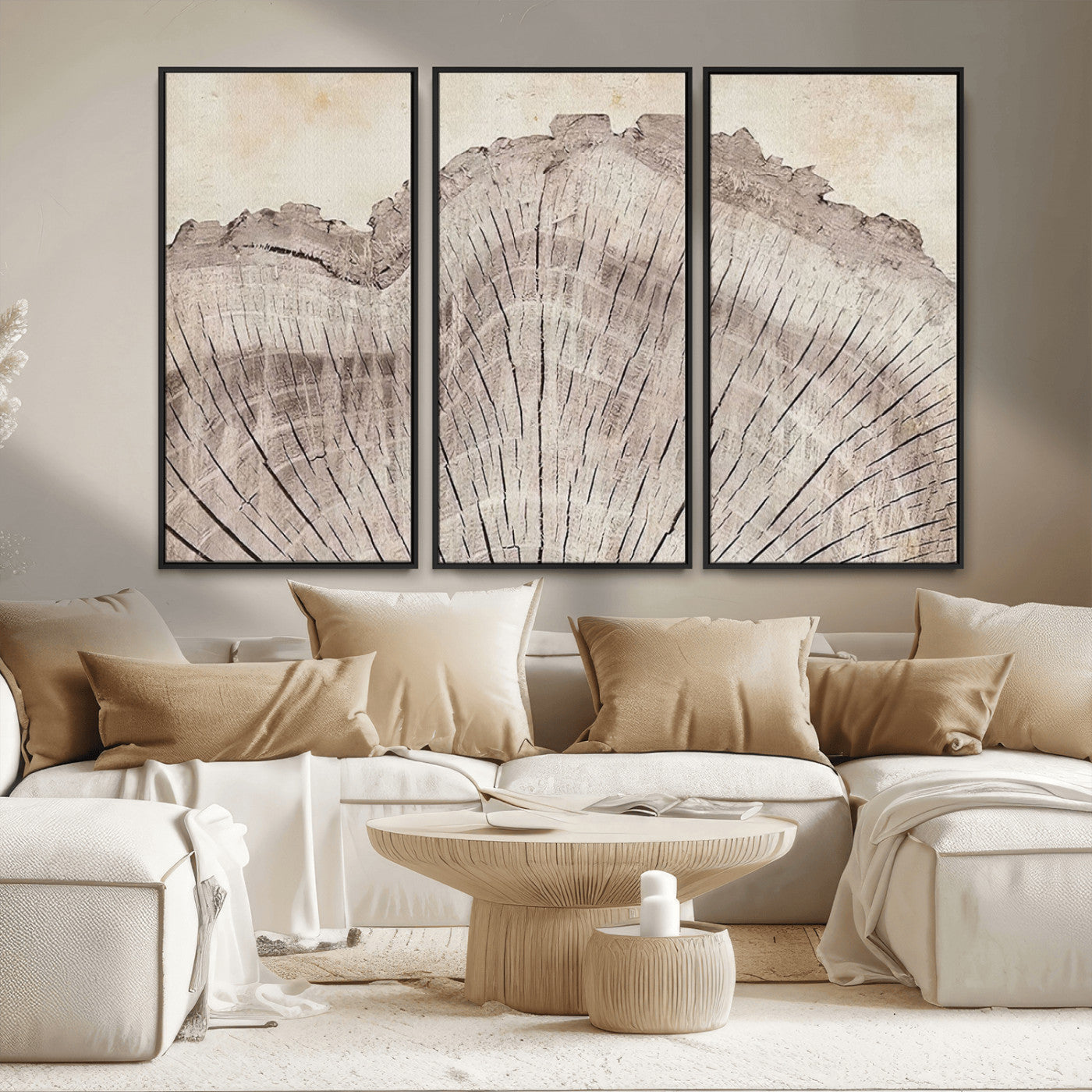 67528-MGV-FC-48X32-3P_Black-Tree Ring Wall Art Triptych, Rustic Wood Ring Canvas Print, Minimalist Wall Decor for Modern Homes