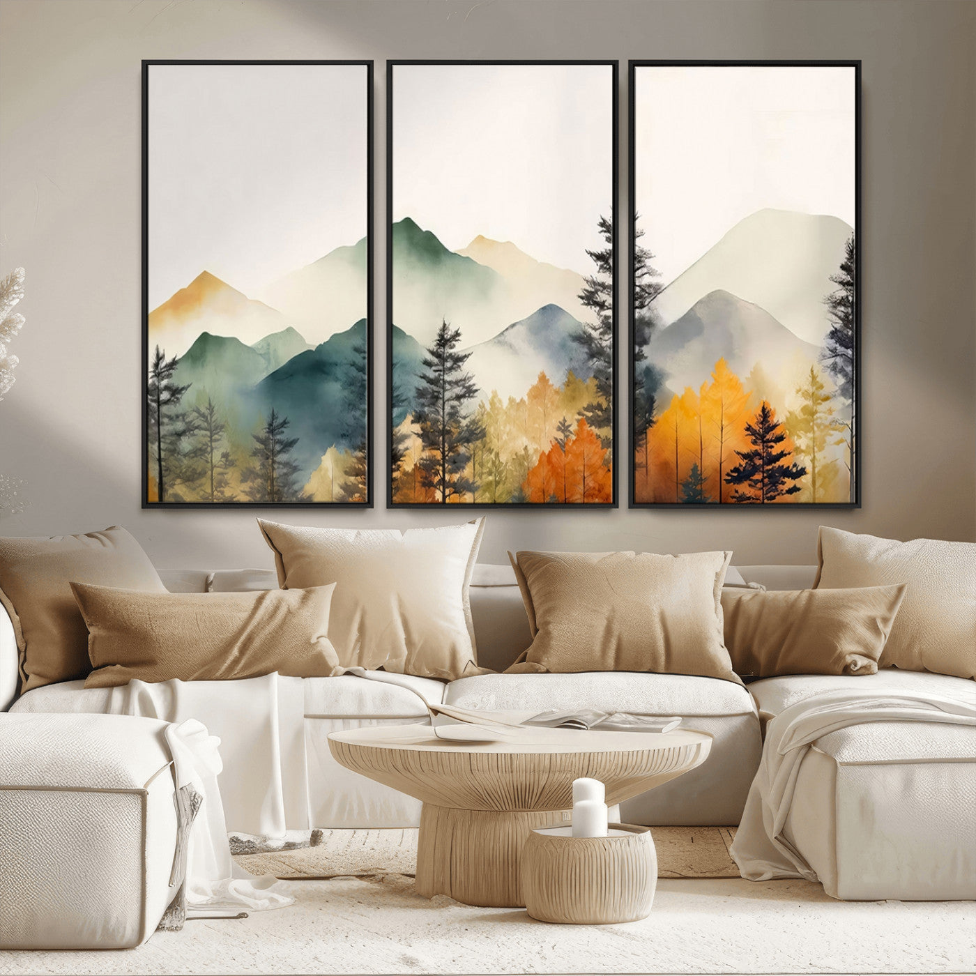 25689-MGV-FC-48X32-3P_Black-Abstract Watercolor Mountains and Trees Autumn Wall Art, Mountains and Trees Autumn Wall Art Canvas