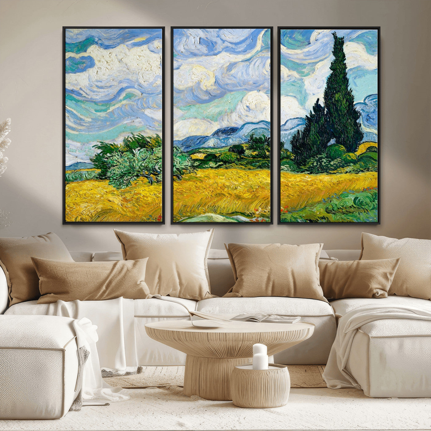 97252-MGV-FC-48X32-3P_Black-Wheatfield With Cypresses By Van Gogh Painting Wall Art Canvas, Wheatfield With Cypresses Canvas