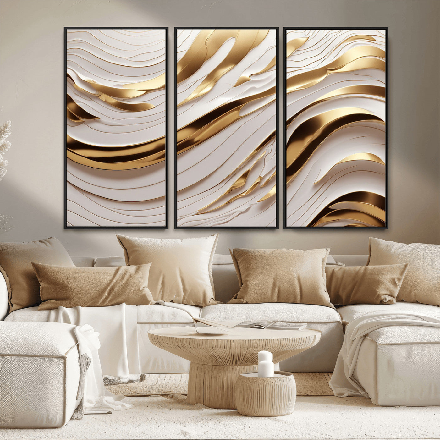 81197-MGV-FC-48X32-3P_Black-Gold and White Abstract Wave Canvas – Elegant Flowing Design with Luxurious Golden Accents –