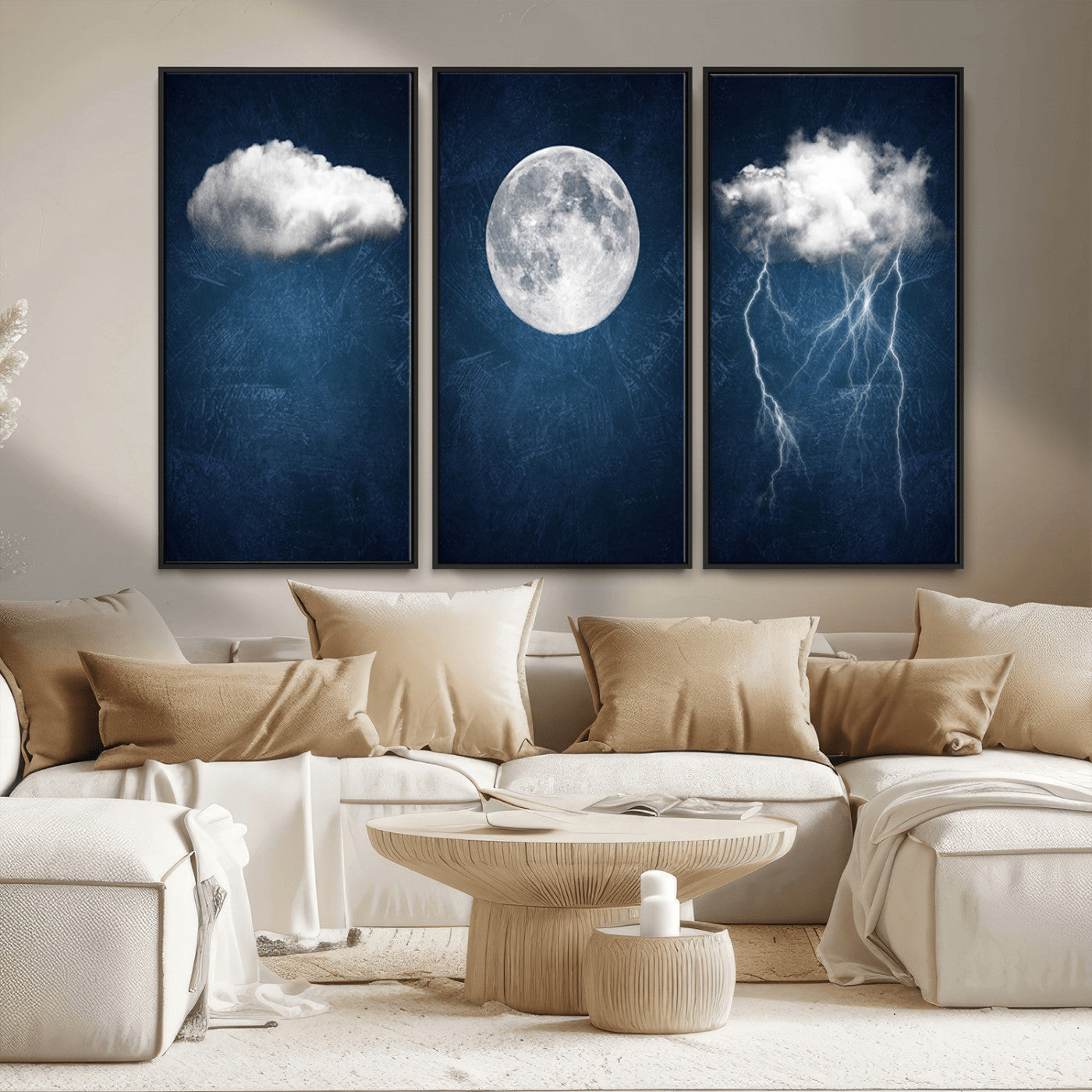 96569-MGV-CV-36X24-Dark Blue Cloud Art, 3 Piece Indigo Blue Wall Art, Aesthetic Surreal Art, Thunderstorm Moon Cloud