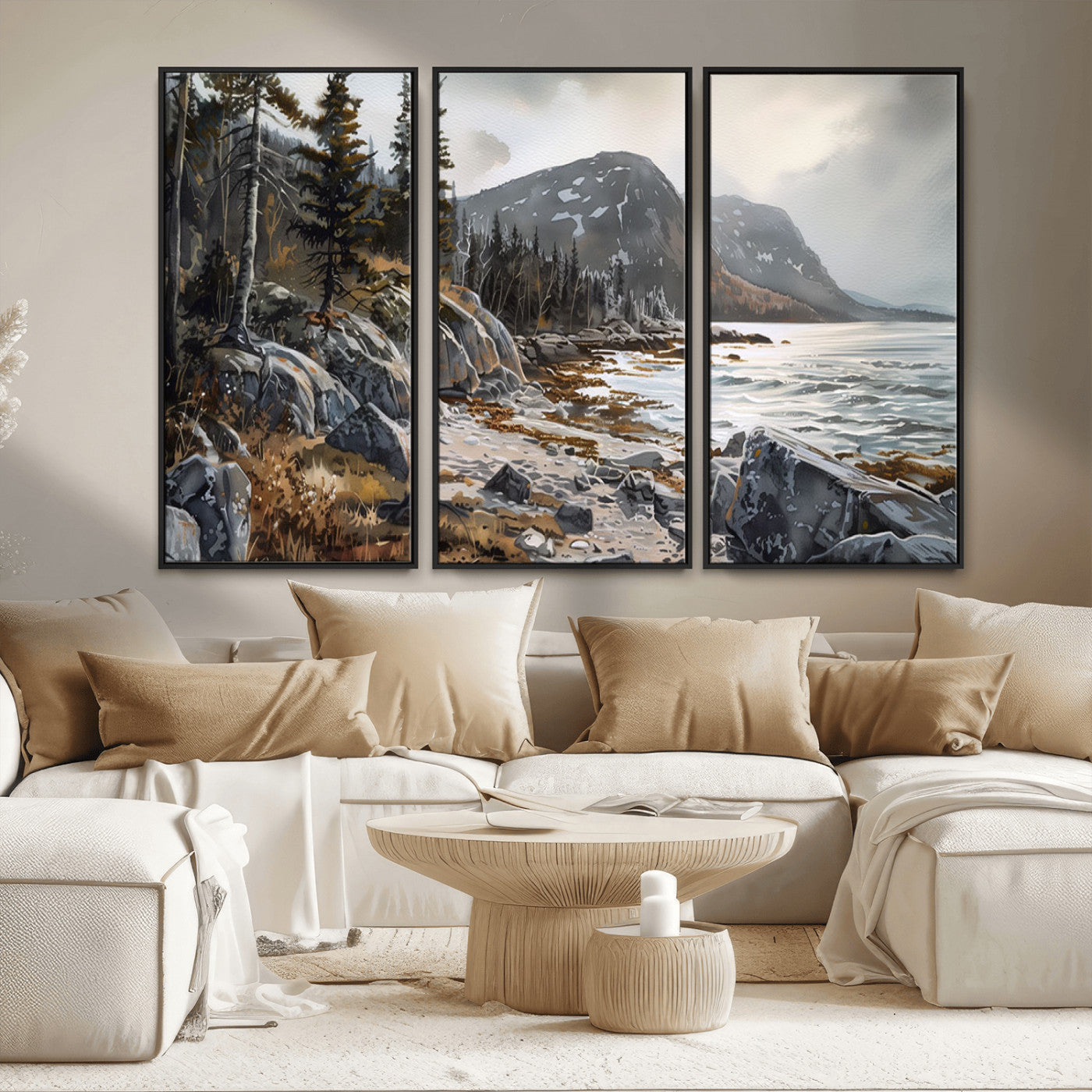 41281-MGV-FC-48X32-3P_Black-Serene Coastal View of Acadia National Park - Stunning 3-Panel Wall Art Canvas Print, Framed, Ready