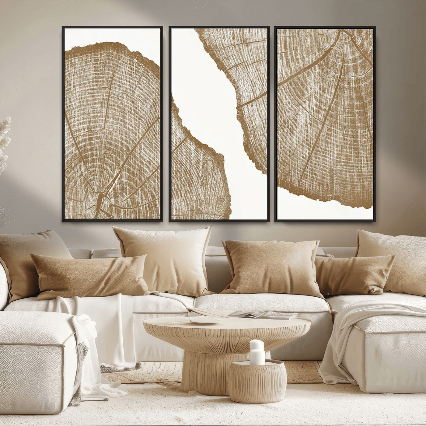 99692-MGV-FC-48X32-3P_Black-Rustic Brown Tree Ring Wall Art Canvas Print – Framed and Ready to Hang – Elegant Nature-Inspired