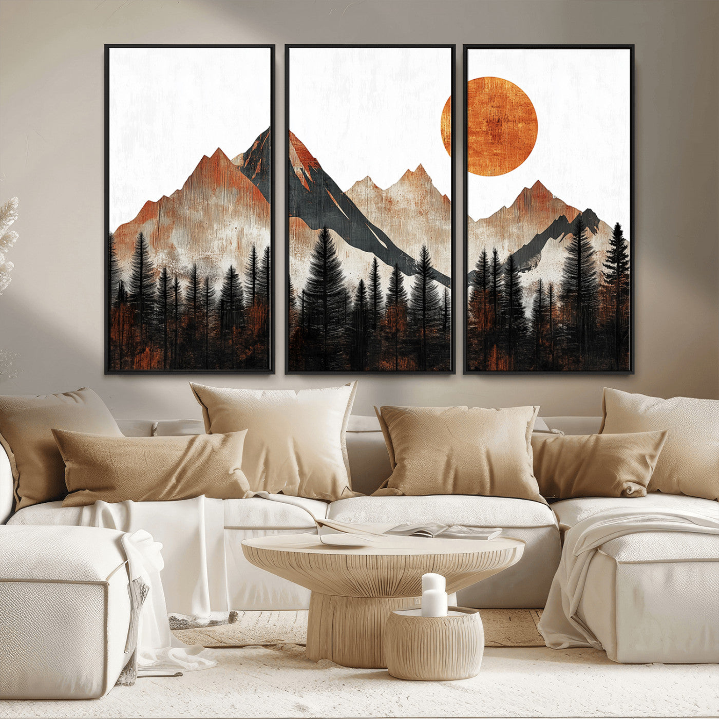 71366-MGV-FC-48X32-3P_Black-Modern Abstract Mountain Canvas Wall Art Print, Abstract Landscape Print, Rustic Sun and Mountains