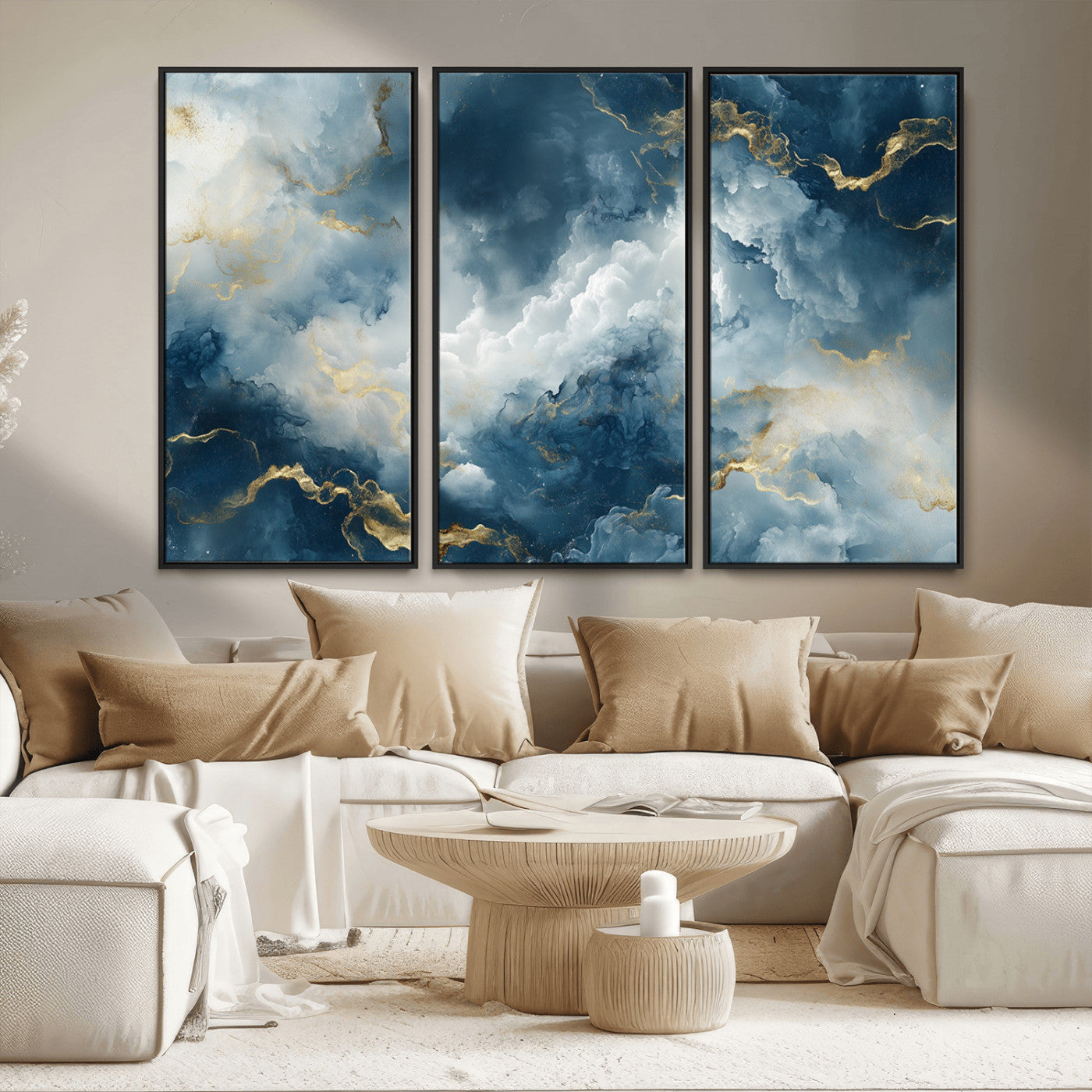 48298-MGV-FC-48X32-3P_Black-Large Abstract Print - Luxe Blue and Gold Abstract Canvas Wall Art - Bold Cloudscape Canvas for