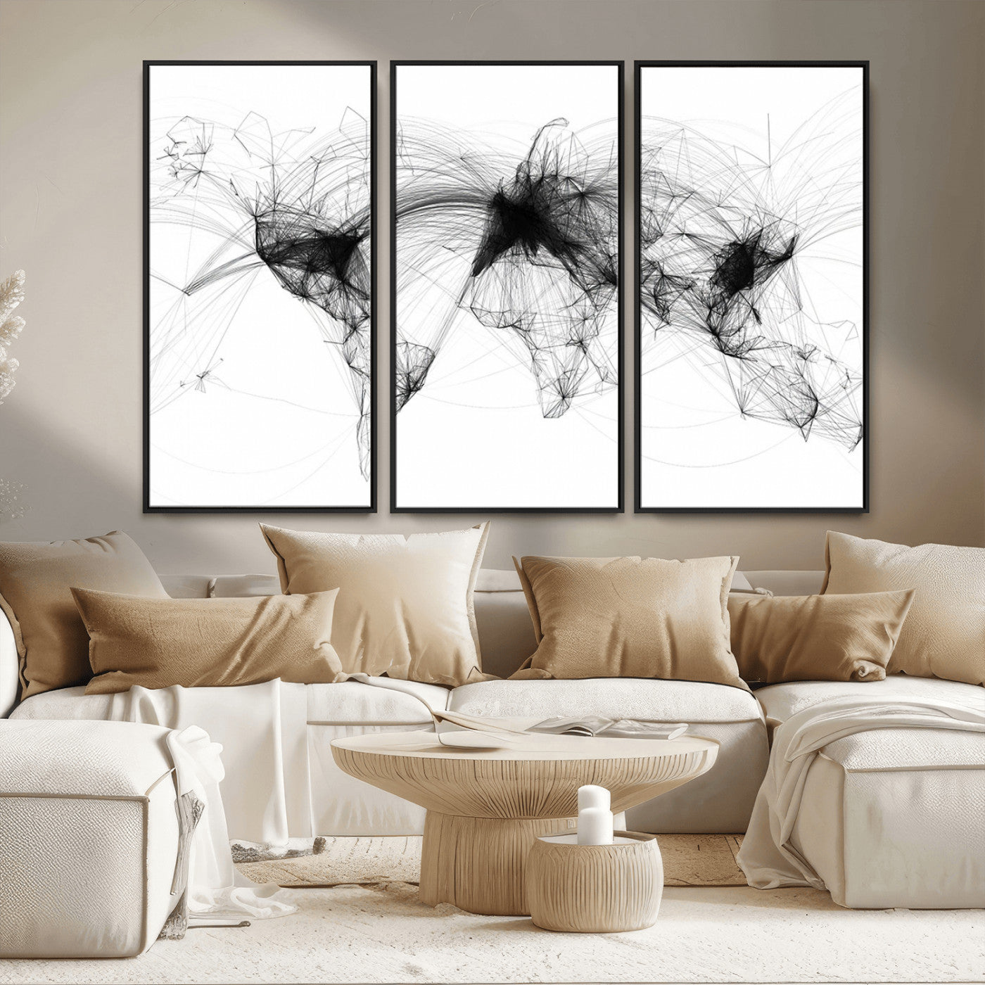 50136-MGV-FC-48X32-3P_Black-Abstract World Map Wall Art – Framed Geometric Line Canvas Artwork, Modern Global Design, Contemporary Decor for Home, Office