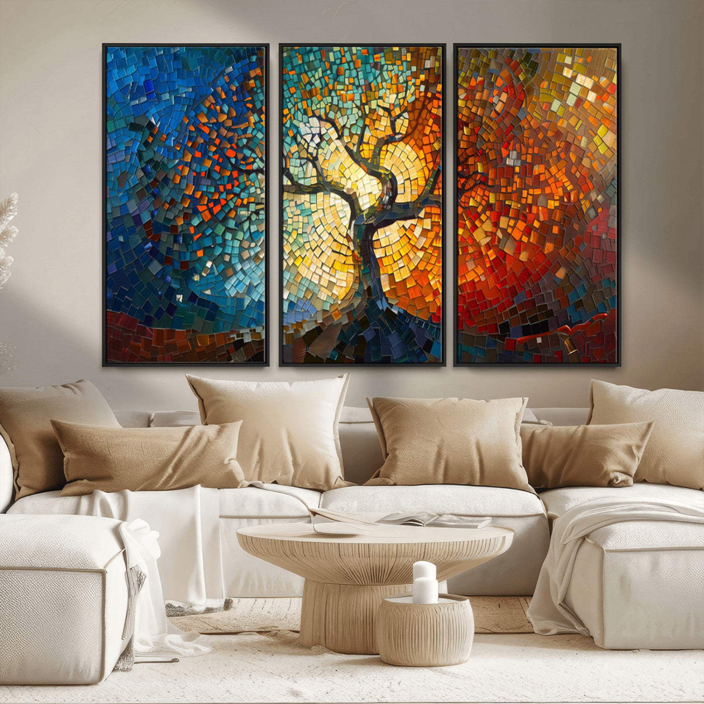 66056-MGV-FC-48X32-3P_Black-Mosaic Tree Canvas Wall Art Canvas Print – Vibrant Stained Glass-Inspired Tree of Life - Ready to