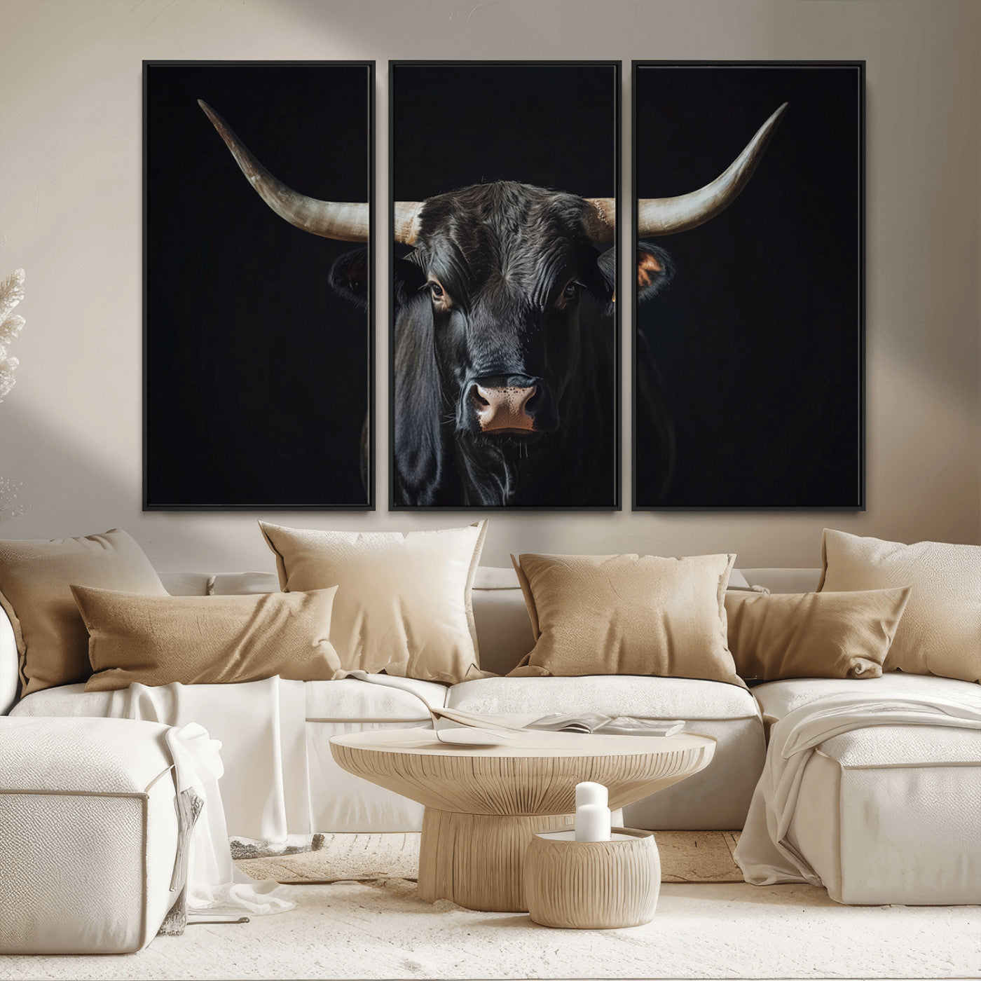 48065167-MGV-FC-48X32-3P_Black-Majestic Longhorn Bull Wall Art Canvas Print – Dark Background Western Ranch Portrait Artwork for Home, Office