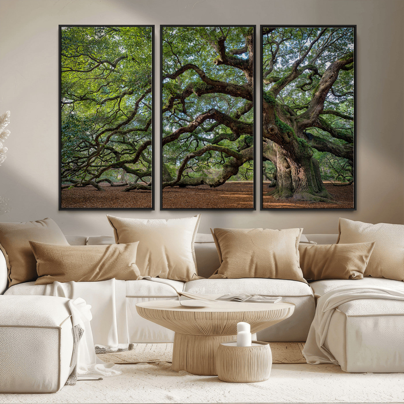 MGV-FC-48X32-3P - Ancient Oak Tree Wall Art – Canvas Print of Expansive Branches Lush Green Canopy, Tranquil Landscape, Majestic Nature Decor for Home or Office